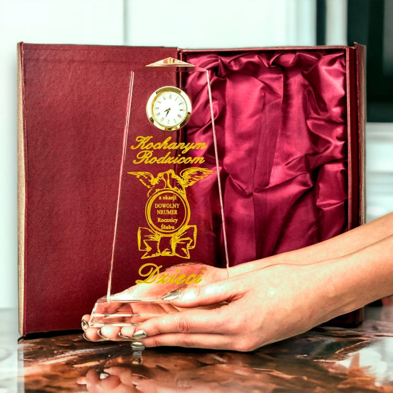 Personalizowana Statuetka Kryształowa z Zegarkiem - Prezent na rocznicę ślubu jubileusz 5 15 25 35 45 55 65 lat dla rodziców dziadków tesciów  0223W11c.jpg