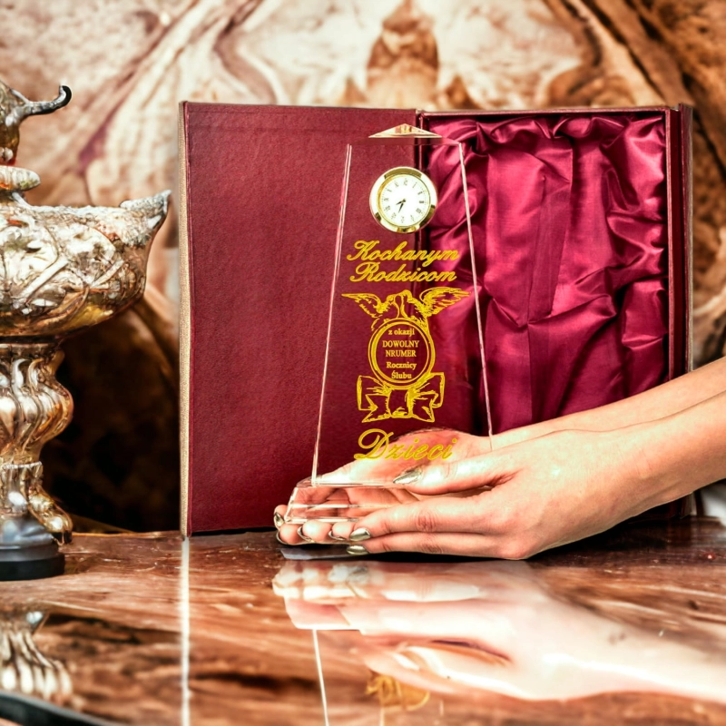 Personalizowana Statuetka Kryształowa z Zegarkiem - Prezent na rocznicę ślubu jubileusz 5 15 25 35 45 55 65 lat dla rodziców dziadków tesciów  0223W11d.jpg