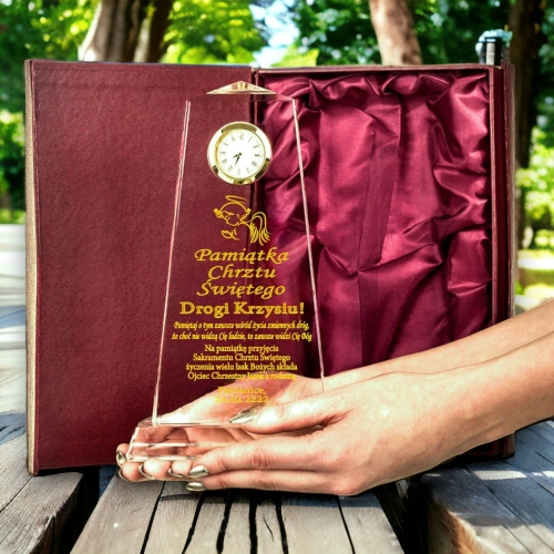 Pamiątka Chrztu – Kryształowa Statuetka z Zegarkiem w Etui od Chrzestnego Chrzestnej - statuetka prezent 0223W39c.jpg