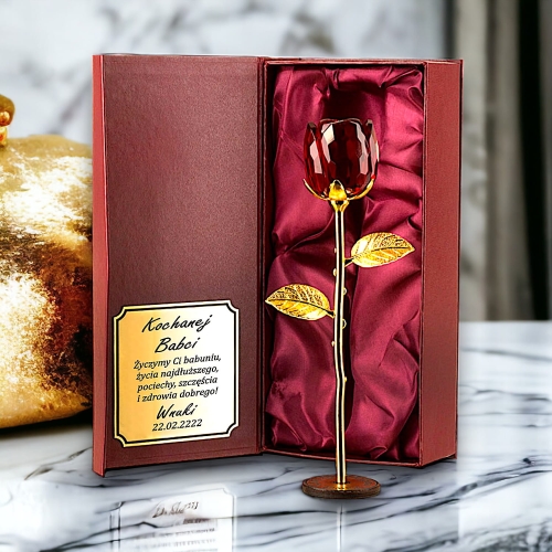 Luksusowa Róża Kryształowa z Złotą Łodygą i Bordowym Etui - Idealny Prezent na Dzień Babci 