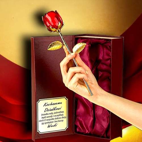 Co na Dzień Dziadka od Wnuka Wnuczki? Niespotykany prezent - kryształowa róża z etui i stojakiem - pełna personalizacja