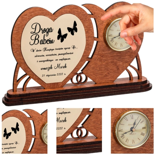 Personalizowana Drewniana Statuetka Serca z Zegarkiem – Idealna na Dzień Babci i Dziadka
