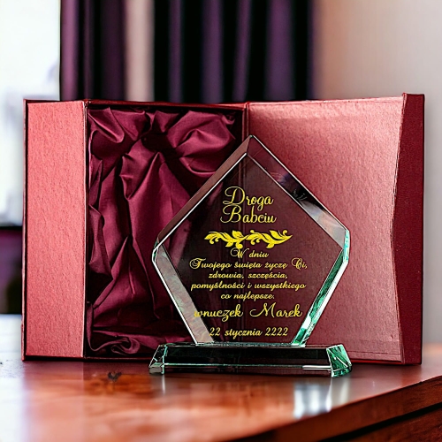 Podziękowanie Prezent na Dzień Babci - Grawerowana Szklana Statuetka - ręcznie złocona / srebrzona