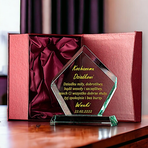 Podziękowanie Prezent na Dzień Dziadka - Grawerowana Szklana Statuetka - ręcznie złocona / srebrzona