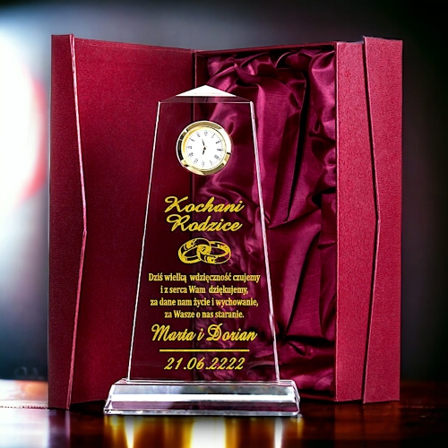 Piękne podziękowania dla rodziców z zegarkiem zegarem KRYSZTAŁ na prezent upominek ślubny weselny dla najbliższych - dowolny grawer w cenie