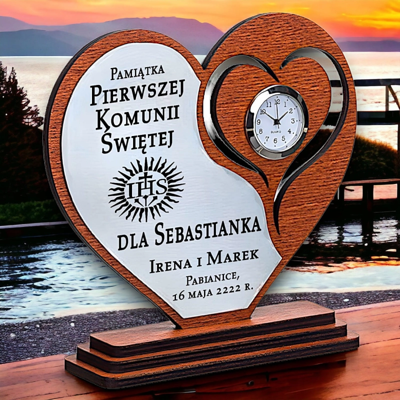 Piękna Pamiątka na Komunie - statuetka serce - prezent dla Chrześniaka Chrześnicy - dowolny grawer zdjęcie zegar 0184AW11b.jpg