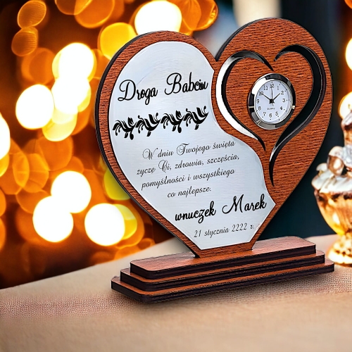 Piękna statuetka z zegarem serce - podziękowanie dla babci dziadka dzień babci dzień dziadka - dowolny grawer