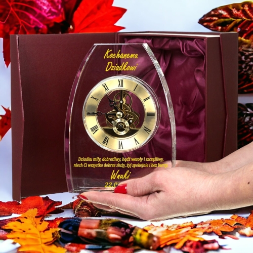 Luksusowy ZEGAR kryształowy 4 cm grubości na prezent na Dzień Dziadka Urodziny Imieniny - etui w cenie