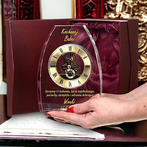 Mega Bogaty i Luksusowy Prezent na Dzień Babci Urodziny Imieniny - Gruby Kryształ z Zegarem i Etui Prezentowym 