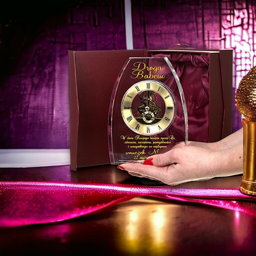 Oryginalny Piękny Prezent dla Babci Dziadka Dziadów - Dzień Babci Dziadka Urodziny Ślub Wesele - Gruby KRYSZTAŁ 4 CM złoty Srebrny ZEGAR