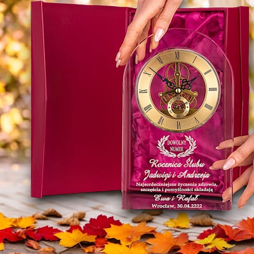 Co na rocznicę ślubu dla PRZYJACIÓŁ? PREZENT jubileusz ROCZNICA złota srebrna rubinowa szmaragdowa - gruby duży 4 cm kryształowy zegar z Twoją dedykacją