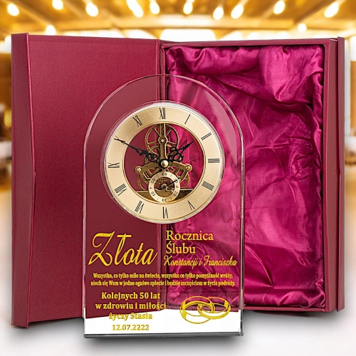 Grawerowany Zegar Kryształowy - Ekskluzywny Prezent na Rocznicę Ślubu i Jubileusz dla rodziców dziadków przyjaciół wujostwa złote srebrne szmaragdowe rubinowe kamienne gody