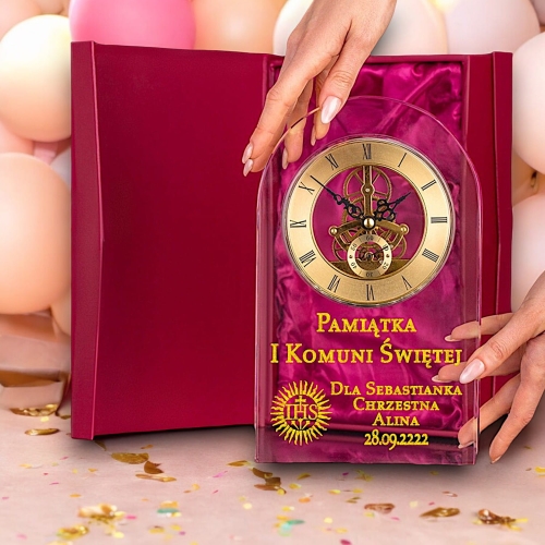 Luksusowa i droga pamiątka Pierwszej Komunii Świętej od Rodziców Dziadków Chrzestnych dla Dziecka - 25 cm zegar kryształowy z Twoją dedykacją 0329W24b.jpg