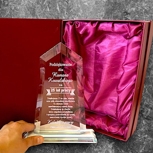 Piękne Szkło Nagroda Trofeum na Rocznicę Zatrudnienia Jubileusz Pracy 10 20 30 40 50 Lat - Twoja dedykacja i etui prezentowe