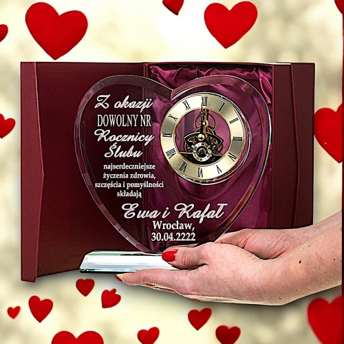 Grawerowane Serce ze Szkła z ZEGAREM ZEGAR - Ekskluzywny Prezent na Rocznicę Ślubu i Jubileusz dla rodziców dziadków przyjaciół wujostwa