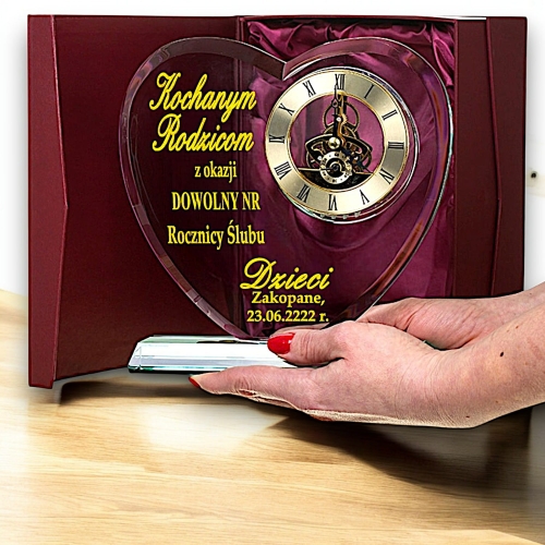 Co na rocznicę ślubu dla PRZYJACIÓŁ? Szklane SERCE z ZEGAREM  Szklana na PREZENT jubileusz ROCZNICA złota srebrna rubinowa szmaragdowa