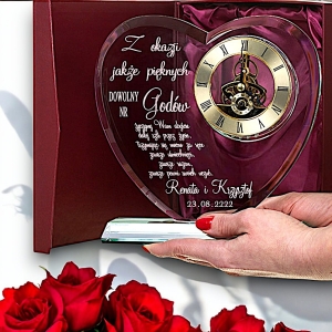 Grawerowana statuetka SERCE z zegarkiem kryształ z etui prezent dla rodziców dziadków chrzestnych znajomych na rocznicę ślubu 1-99 jubileusz urodziny 0274W18b.jpg