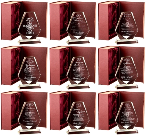 Kryształowy obelisk z grawerem i złoceniem podziękowania dla rodziców prezent na każdą okazję