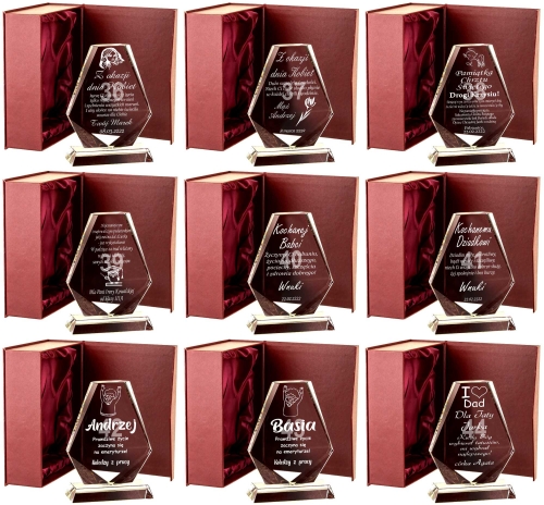 Kryształowy obelisk z grawerem i złoceniem podziękowania dla rodziców prezent na każdą okazję