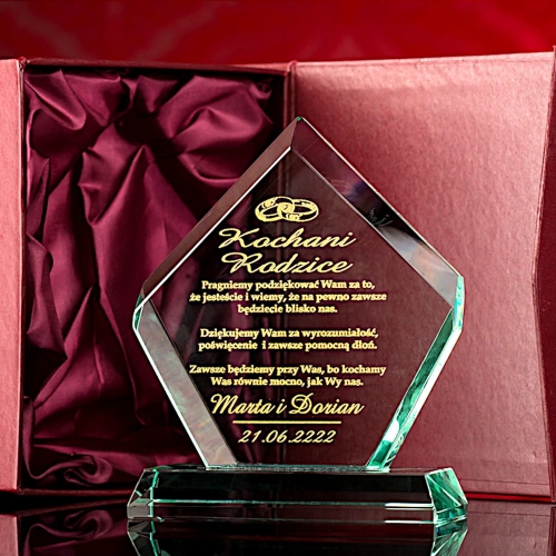 Szklana statuetka z grawerem i złoceniem podziękowania dla rodziców prezent na 18 20 25 30 35 40 45 50 55 60 65 70 75 80 85 90 95 100 urodziny jubileusz rocznica roczniców dziadków 
 0263a.jpg