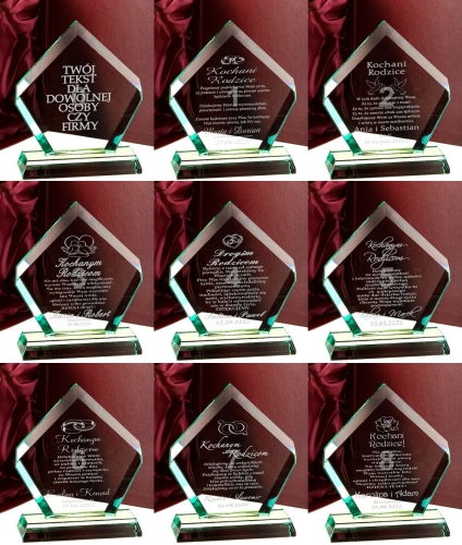 Szklana statuetka z grawerem i złoceniem podziękowania dla rodziców prezent na urodziny