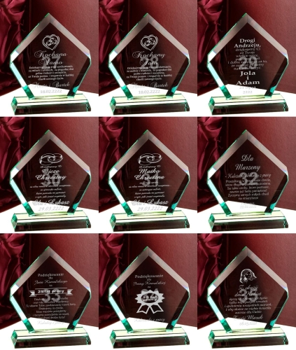 Szklana statuetka z grawerem i złoceniem podziękowania dla rodziców prezent na urodziny