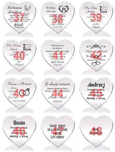 Grawerowany kryształ serce ze złoceniem prezent dla rodziców