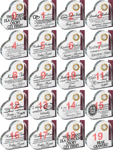 Kryształowa statuetka SERCE z zegarkiem oraz etui + grawerowanie + złocenie podziękowania dla rodziców prezent na jubileusz urodziny 20 30 40 50 60 70