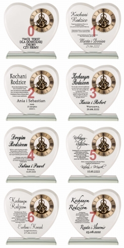 Szklane SERCE z dużym zegarem podziękowania dla rodziców dziadków świadków 1-99 urodziny rocznica ślubu