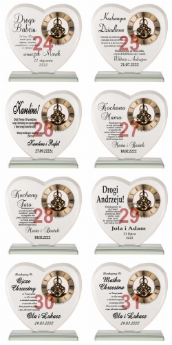 Szklane SERCE z dużym zegarem podziękowania dla rodziców dziadków świadków 1-99 urodziny rocznica ślubu