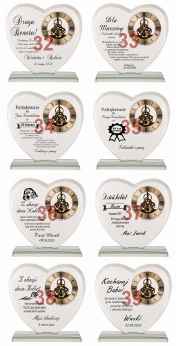 Szklane SERCE z dużym zegarem podziękowania dla rodziców dziadków świadków 1-99 urodziny rocznica ślubu