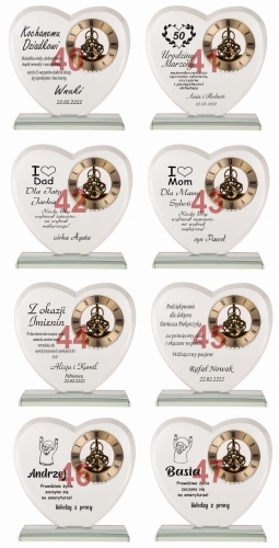 Szklane SERCE z dużym zegarem podziękowania dla rodziców dziadków świadków 1-99 urodziny rocznica ślubu