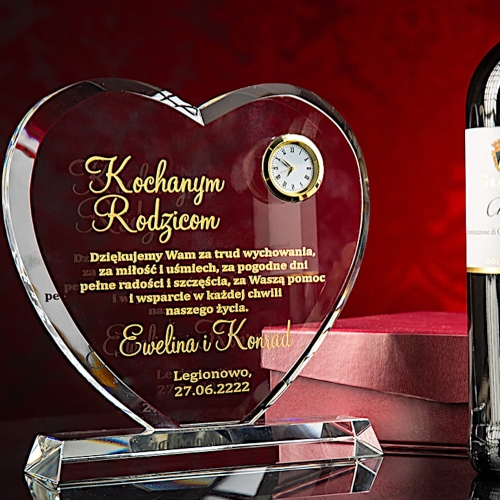 Grawerowana statuetka kryształ serce z zegarkiem etui prezent na 1-99 rocznica rocznicę ślubu jubileusz urodziny ślub dla mam taty rodziców dziadków babci dziadka mamy taty matki ojca FOTO W CENIE  0243a.jpg