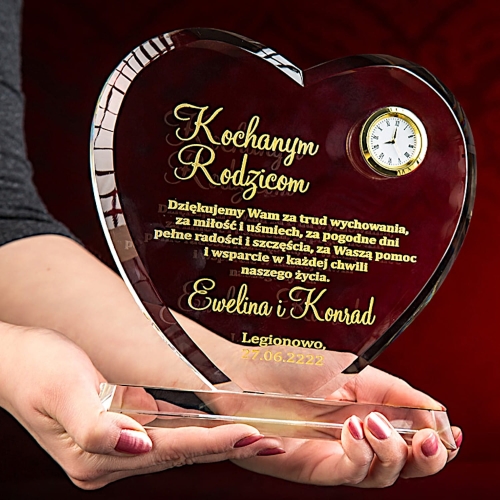 Grawerowana statuetka kryształ serce z zegarkiem etui prezent na 1-99 rocznica rocznicę ślubu jubileusz urodziny ślub dla mam taty rodziców dziadków babci dziadka mamy taty matki ojca FOTO W CENIE  0243g.jpg