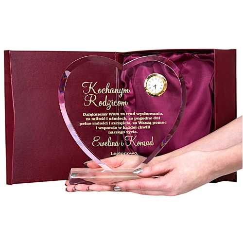 Grawerowana statuetka kryształ serce z zegarkiem etui prezent na 1-99 rocznica rocznicę ślubu jubileusz urodziny ślub dla mam taty rodziców dziadków babci dziadka mamy taty matki ojca FOTO W CENIE  0243i.jpg