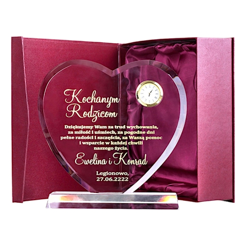 Grawerowana statuetka kryształ serce z zegarkiem etui prezent na 1-99 rocznica rocznicę ślubu jubileusz urodziny ślub dla mam taty rodziców dziadków babci dziadka mamy taty matki ojca FOTO W CENIE  0243h.jpg