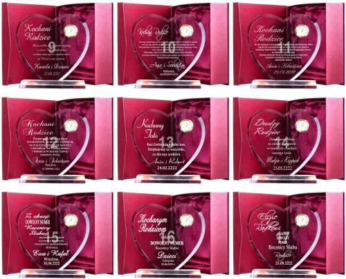 Grawerowana statuetka kryształ serce z zegarkiem etui prezent rocznica ślub