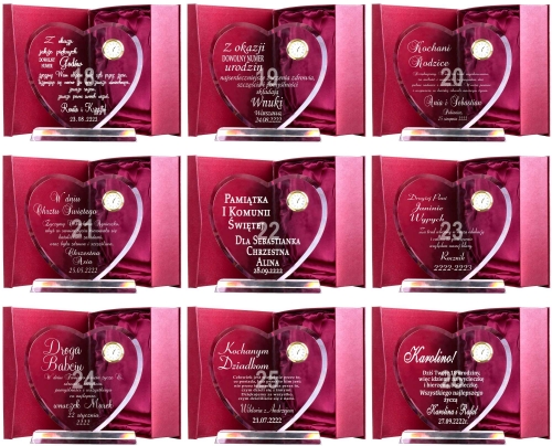 Grawerowana statuetka kryształ serce z zegarkiem etui prezent rocznica ślub