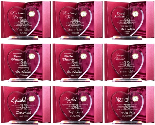 Grawerowana statuetka kryształ serce z zegarkiem etui prezent rocznica ślub