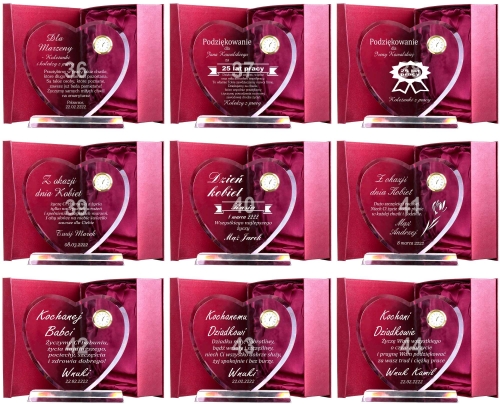 Grawerowana statuetka kryształ serce z zegarkiem etui prezent rocznica ślub