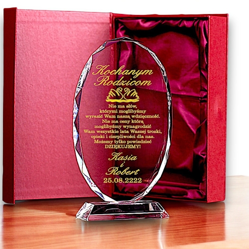 Piękne Owalne Podziękowania dla Rodziców Prezent Kryształ Kryształowy Upominek na Ślub Wesele dla Mamy Taty Rodzicieli z etui w cenie