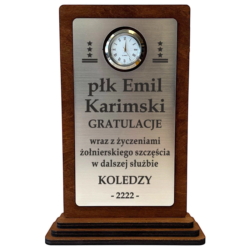 Tani Prezent dla Żołnierza Kolegi z Wojska Pułkownika Kaprala Generała Plutonowego Kapitana - statuetka grawerowana z zegarem 0359W20a.jpg