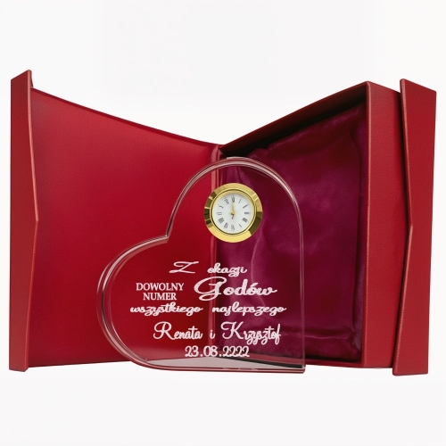 Grawerowana statuetka kryształ serce z zegarkiem etui prezent na 1-99 rocznica rocznicę ślubu jubileusz urodziny ślub dla mam taty rodziców dziadków babci dziadka mamy taty matki ojca 0244W12a.jpg