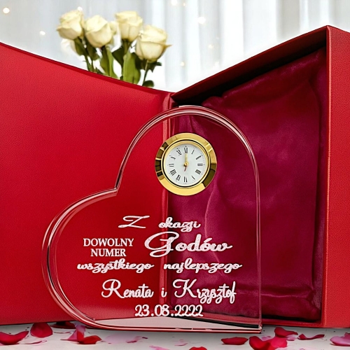 Grawerowana statuetka kryształ serce z zegarkiem etui prezent na 1-99 rocznica rocznicę ślubu jubileusz urodziny ślub dla mam taty rodziców dziadków babci dziadka mamy taty matki ojca 0244W12b.jpg