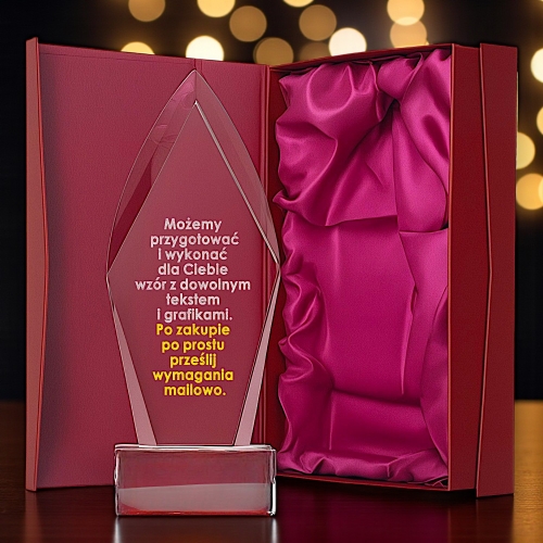 Ogromna, duża i ciężka statuetka  w kształcie płomienia z etui ozdobnym. Mierzy aż 26 cm i jest wykonana z kryształu. W cenie dowolny grawer złocenie / srebrzenie.  Jest odpowiednia jako upominek biznesowy firmowy oraz na okazje prywatne. 0324W00b.jpg