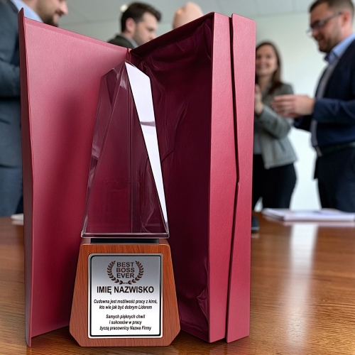 Poważny Prezent Upominek dla Szefa Prezesa na 1-99 Urodziny Rocznicę Założenia Firmy Działalności Spółki - KRYSZTAŁ + DREWNO + ETUI