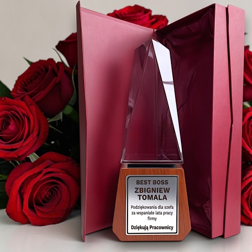 Grawerowana statuetka ze złoceniem podziękowanie prezent firmowy upominek dla prezesa pracownika kierownika dyrektora szefa firmy współpracującej partnera biznesowego