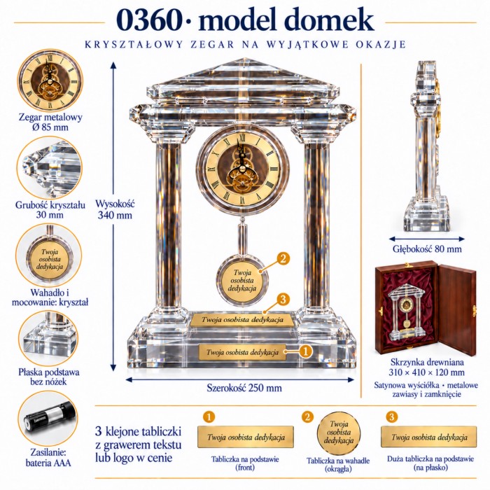 Wymiary zegara kryształowego 0360 domek – plansza techniczna