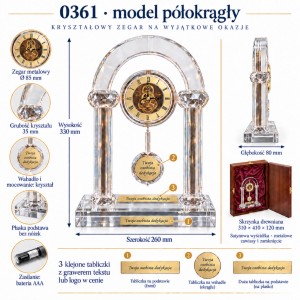 Wymiary półokrągłego zegara kryształowego 0361 – plansza techniczna