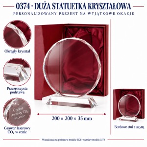 Tablo techniczne statuetki kryształowej 0374 – 200 × 200 × 35 mm, bordowe etui i grawer